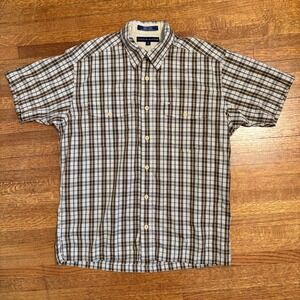 Tommy Hilfiger M 100% Cotton Plaid Short Sleeve Button‎ Front Shirt Brown